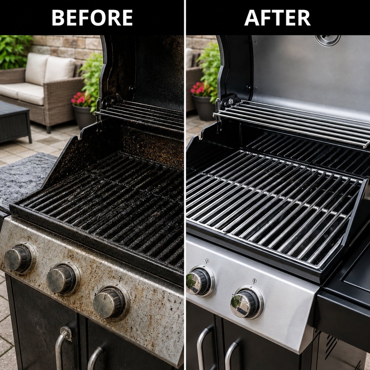 Grill grates before and after cleaning with GreaseKiller Spray