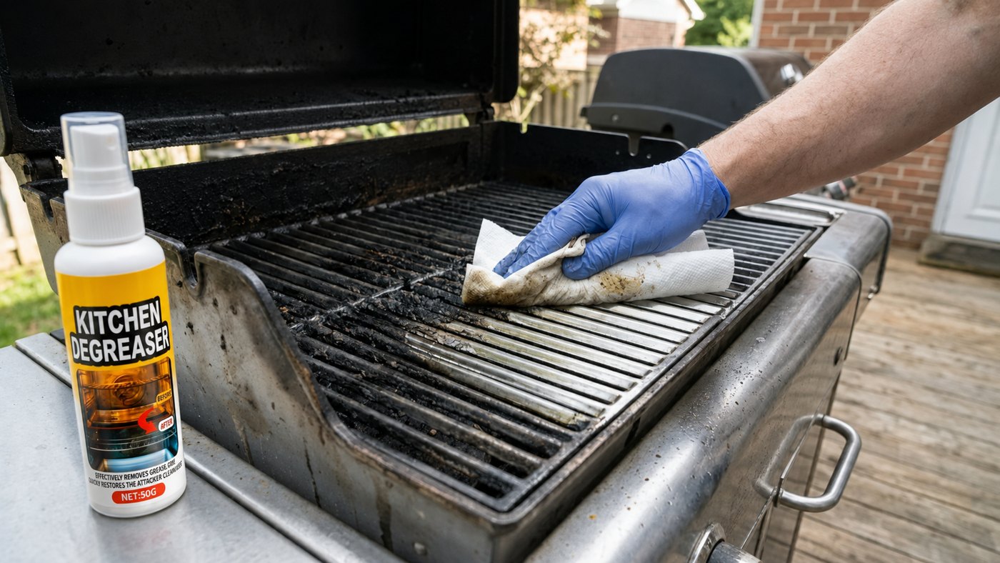 Wiping baked-on grease off a grill grate with a cloth
